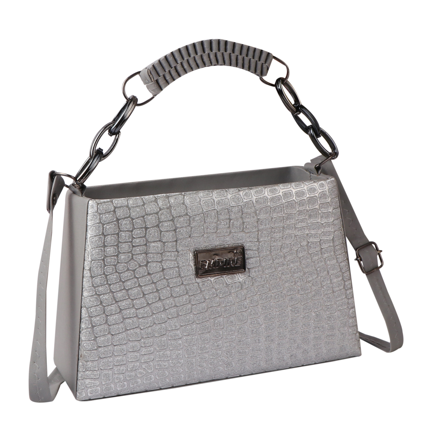 Croc Embossed Glitter Structured Handbag | Grey
