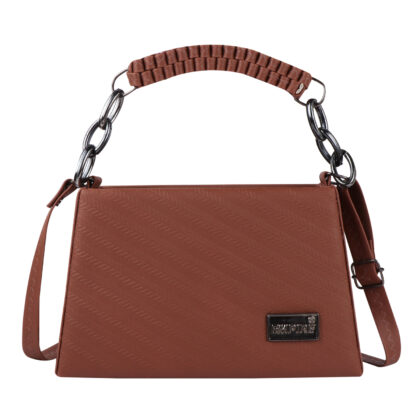 Empire Fashion Herringbone Embossed Structured Handbag for Women | Tan | Ruched Handle Chain Bag | Crossbody Shoulder Bag