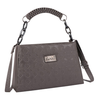 Empire Fashion Monogram Embossed Structured Handbag for Women | Grey | Ruched Handle Chain Bag | Crossbody Shoulder Bag