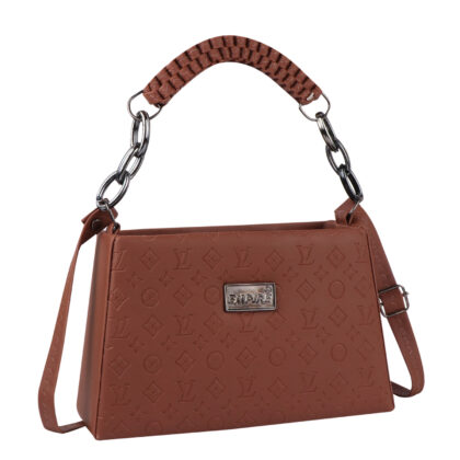 Empire Fashion Monogram Embossed Structured Handbag for Women | Tan | Ruched Handle Chain Bag | Crossbody Shoulder Bag