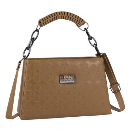 Empire Fashion Monogram Embossed Structured Handbag for Women | Khaki | Ruched Handle Chain Bag | Crossbody Shoulder Bag
