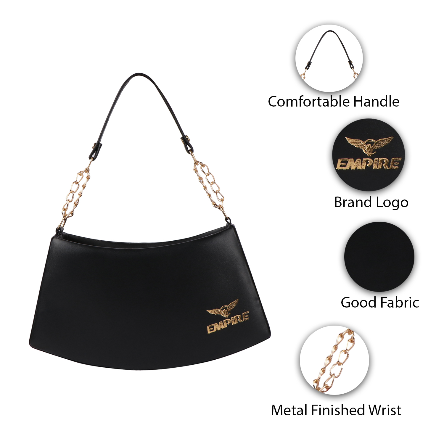 Empire Fashion Crescent Flap Shoulder Bag for Women | Black | Gold Chain Strap - Image 9