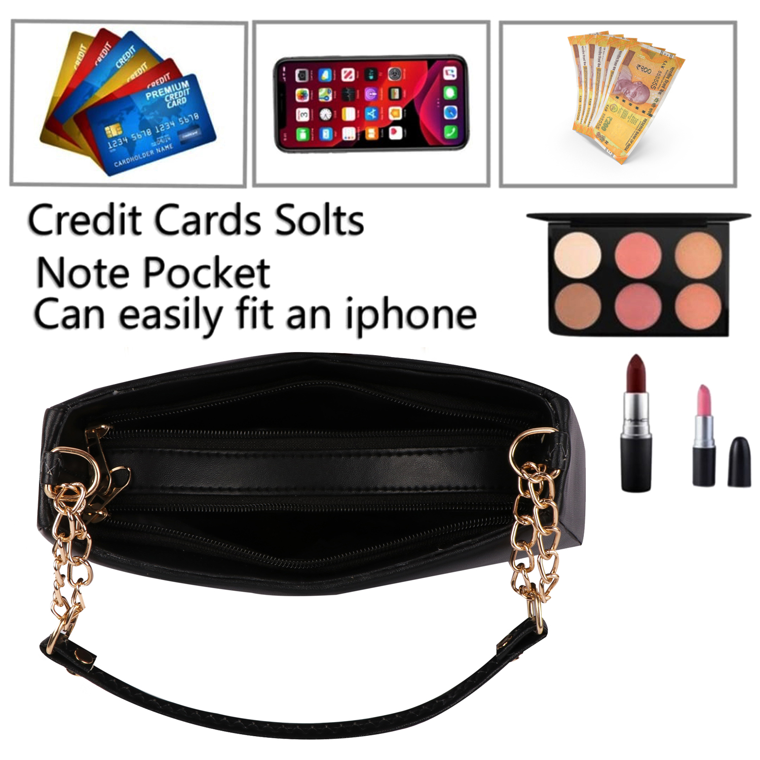 Empire Fashion Crescent Flap Shoulder Bag for Women | Black | Gold Chain Strap - Image 12