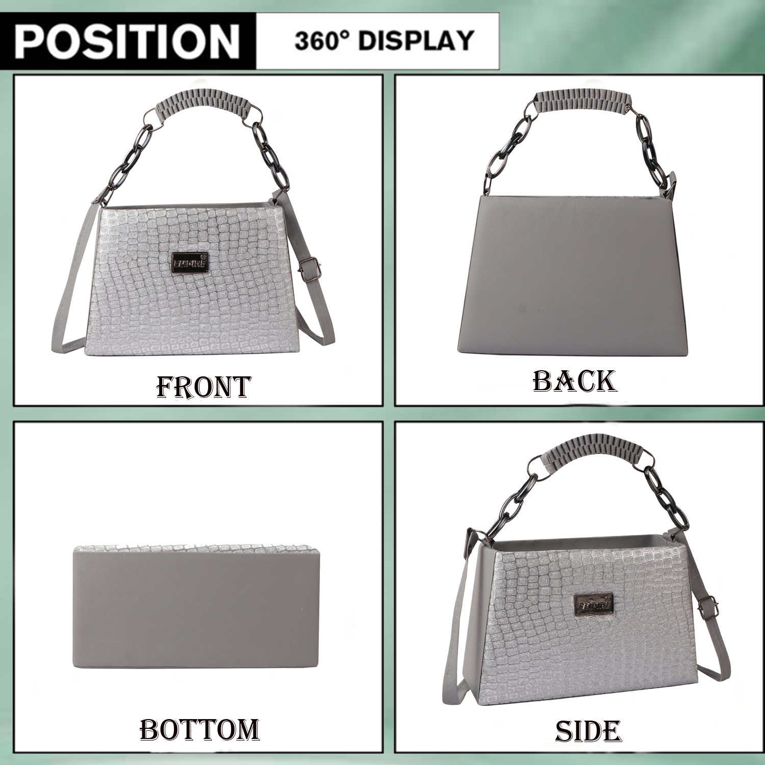 Croc Embossed Glitter Structured Handbag | Grey - Image 12