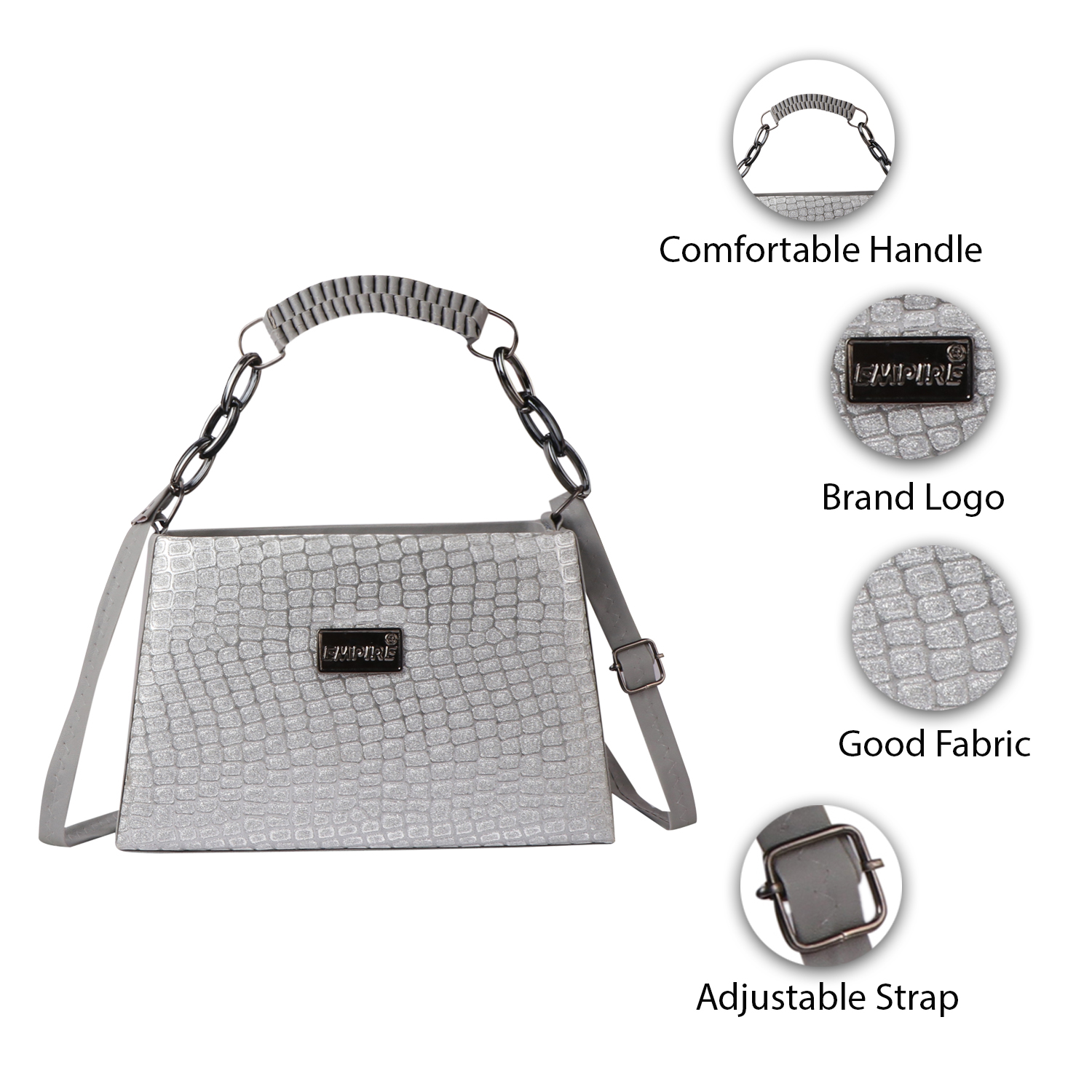Croc Embossed Glitter Structured Handbag | Grey - Image 7