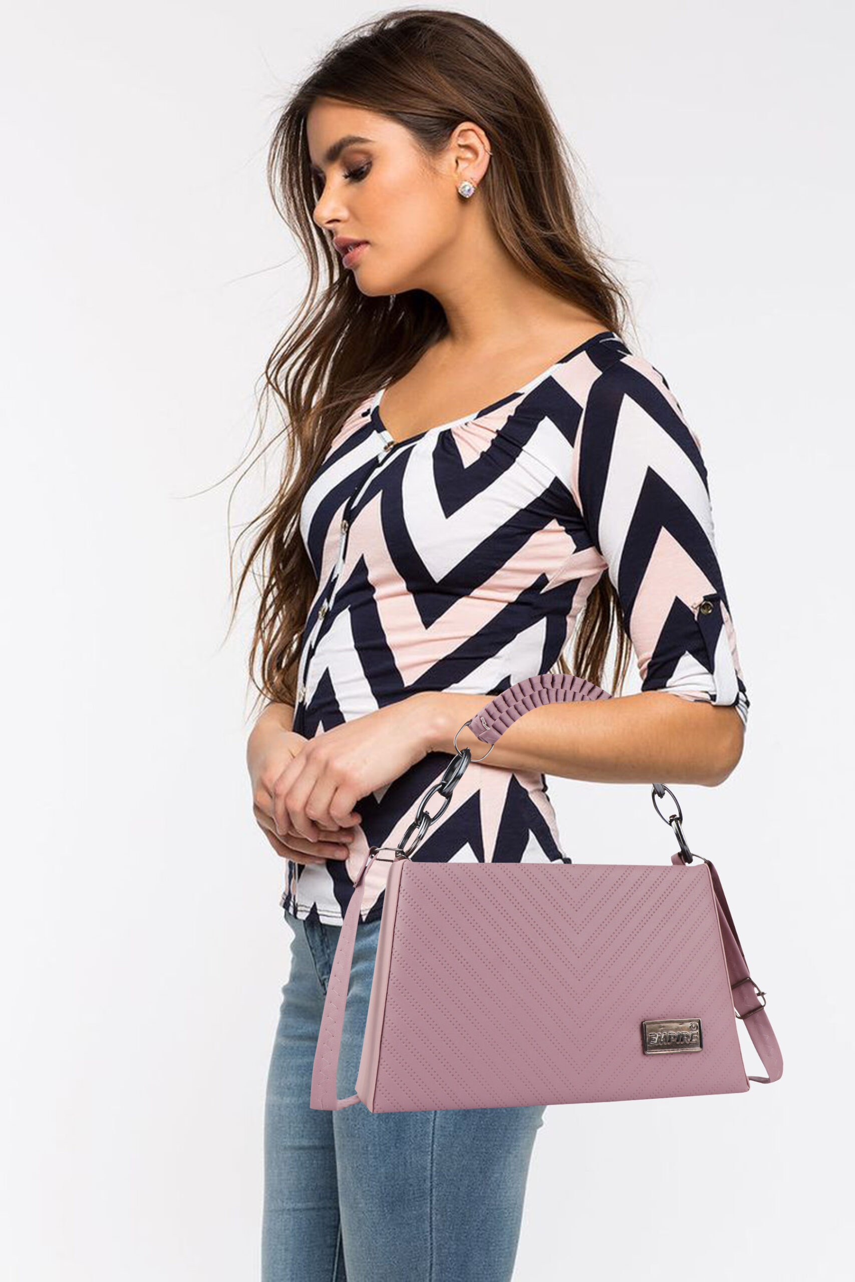 Empire Fashion Chevron Quilted Structured Handbag for Women | Pink | Top Handle Chain Bag | Crossbody Shoulder Bag - Image 11